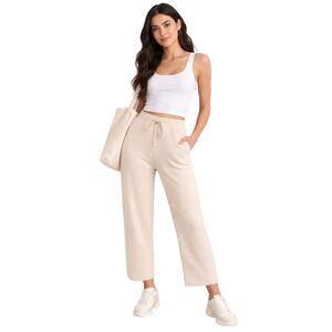 Stellae Dux Wide Leg Knit Pants Cream Lounge Drawstring Crop L